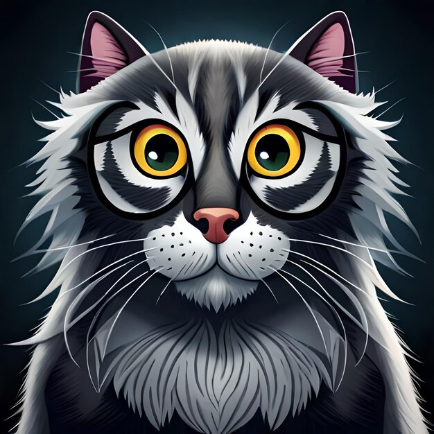 A cat with yellow eyes is shown in a cartoon style.