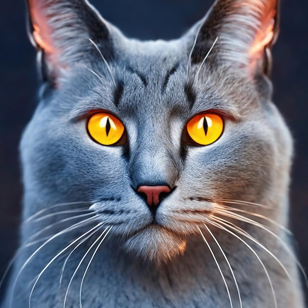 A cat with yellow eyes is shown with a dark background.