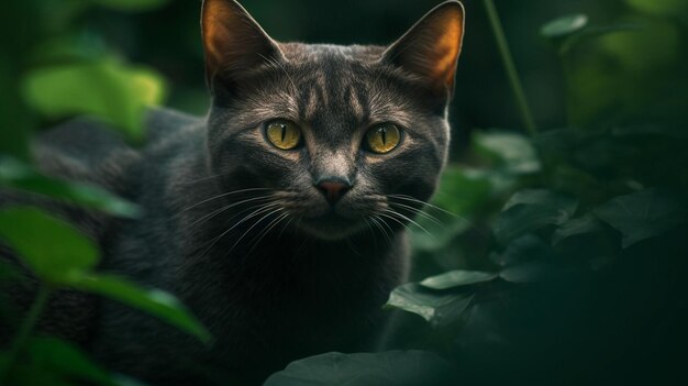 a cat with yellow eyes is sitting in the grass.