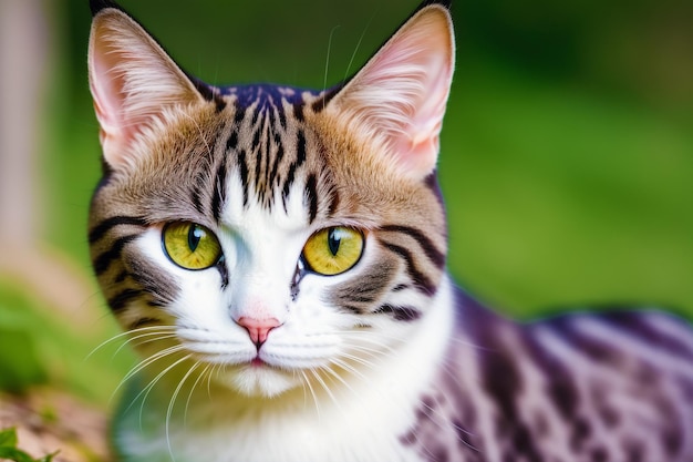 A cat with yellow eyes looks at the camera.