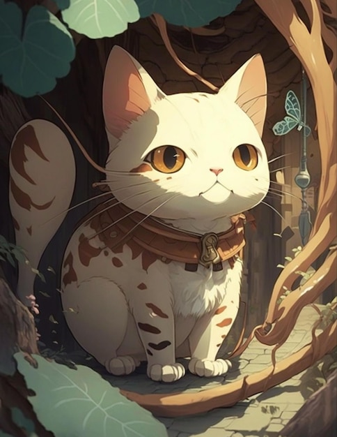 A cat with yellow eyes sits in a forest with a butterfly on the front.