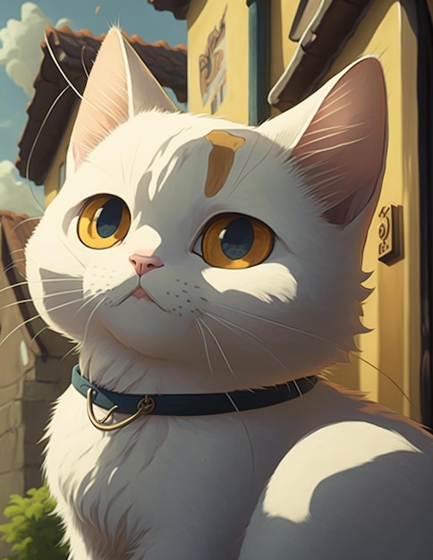 A cat with yellow eyes sits in front of a house.