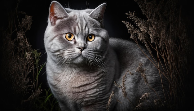 A cat with yellow eyes sits in the grass.