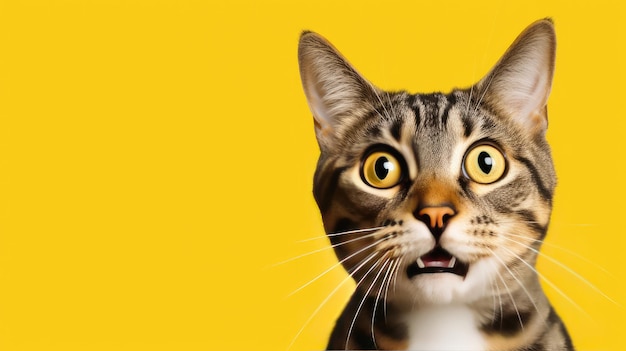 A cat with yellow eyes and a yellow background