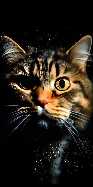 A cat with a yellow nose and a black background