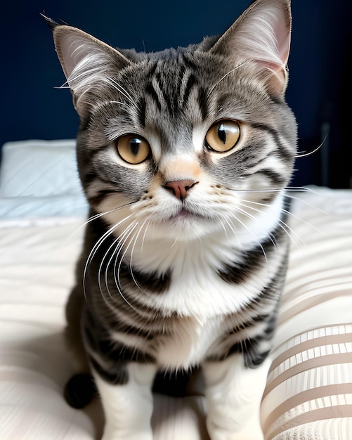 a cat with a yellow nose and a black and white striped face