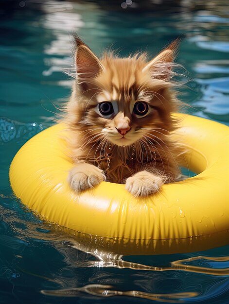 a cat with a yellow ring around its neck is floating in the water