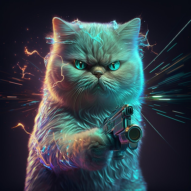 A cat withPictures of an angry cat holding a gun and shooting a gun is pointing at the camera