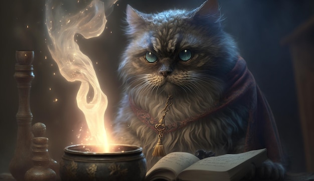 Cat wizard casting spell Generative AI