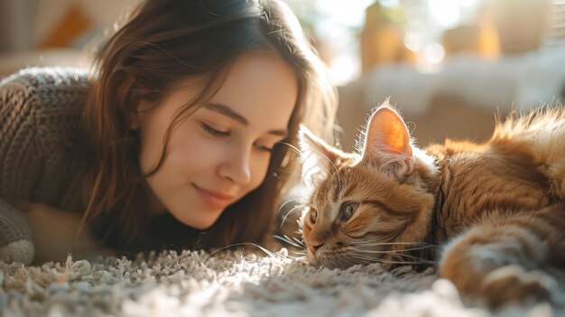 Photo cat and woman using vaccume cleaner