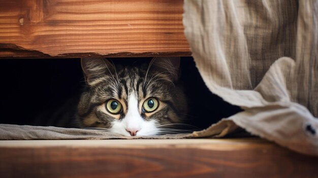 Photo cat on a wooden background cat peeks