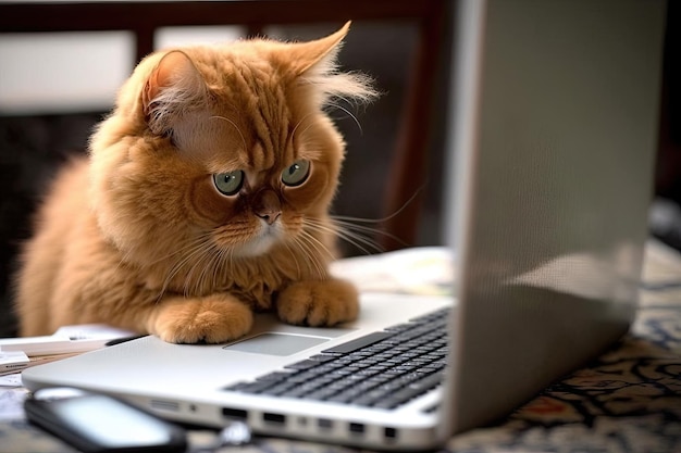 Cat working on a laptop ai generative