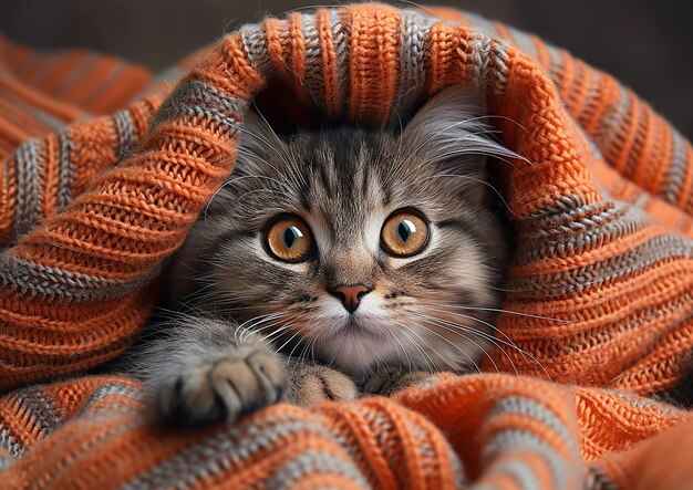 a cat wrapped in a blanket with a striped pattern