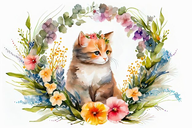 A cat in a wreath of flowers