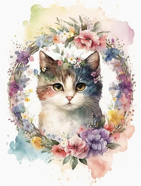 A cat in a wreath of flowers