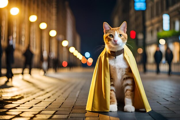 Cat in a yellow cape on a street