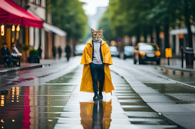Foto un gatto con un cappotto giallo si trova su un marciapiede bagnato sotto la pioggia.