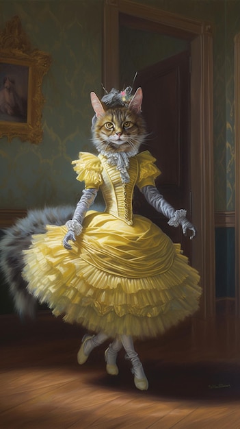 A cat in a yellow dress is shown in a yellow dress.