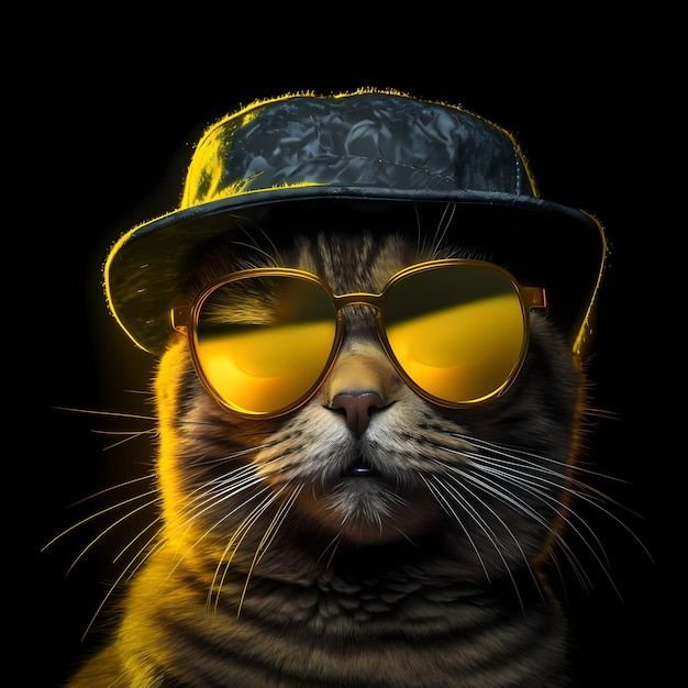 Cat in yellow hat and glasses pointing you created with Generative AI technology