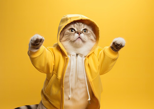 A cat in a yellow hoodie wearing a hood on a yellow background the concept of modern art