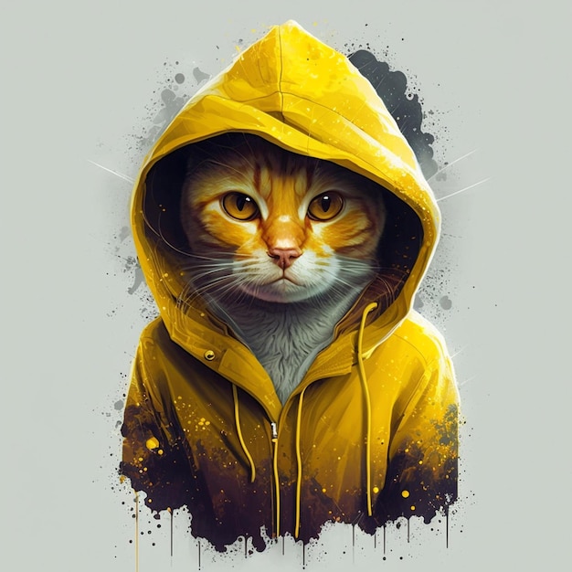 A cat in a yellow hoodie on a white background