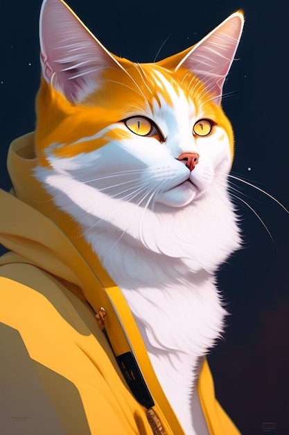 노란 눈을 가진 노란 후드티를 입은 고양이.