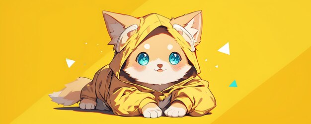 a cat in a yellow outfit with blue eyes sits on a yellow background