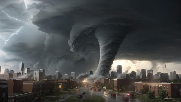 Cataclysme ontketende stad, overspoeld door monsterlijke tornado