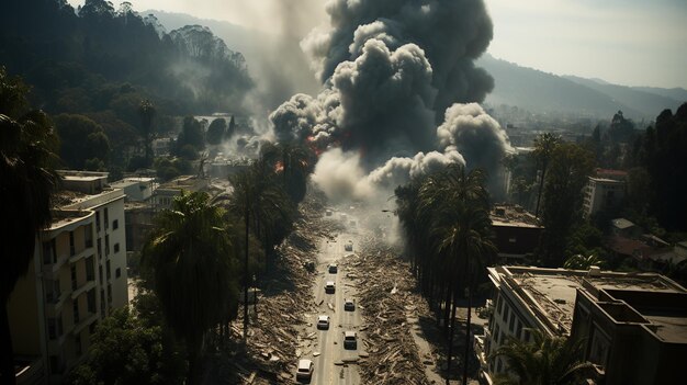 Foto una scena cataclismica e stimolante di un terremoto, un ciclone e un'inondazione che devastano la terra