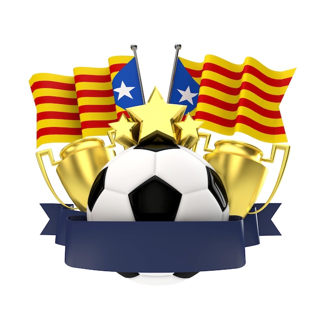 Catalan flag football winners emblem with trophy stars ball and ribbon 3D Rendering