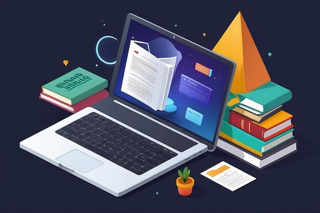 Photo catalog of online courses isometric icon online education internet learning laptop with book on screen