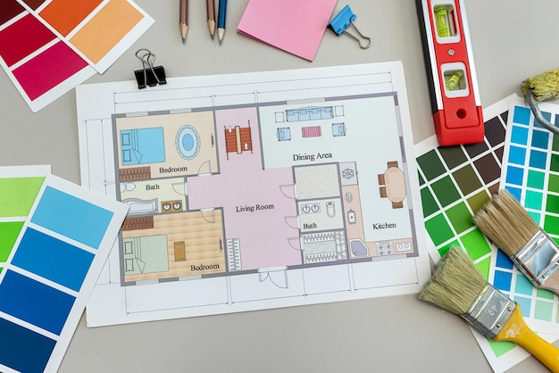 Catalogus van kleurenpaletten met kleurenmonsters met vloerplannen van huizen en blauwdrukprojecten van gebouwen