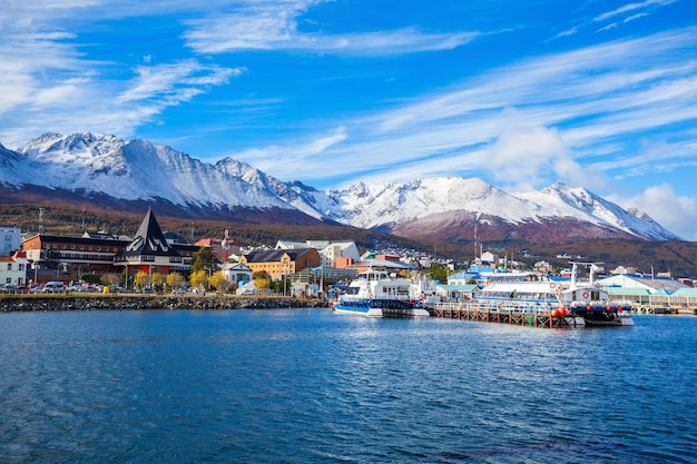 Catamaran boats in the Ushuaia harbor port. Ushuaia is the capital of Tierra del Fuego province in Argentina.