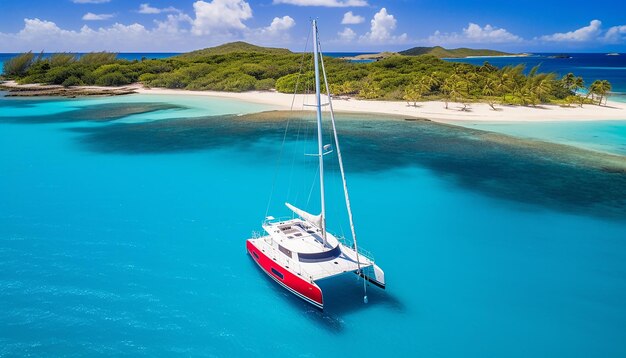 Catamaran in the ocean docked with a small island in the background ultra wide aerial angle summer