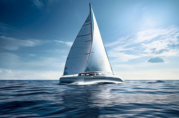 a catamaran in open water with a sail