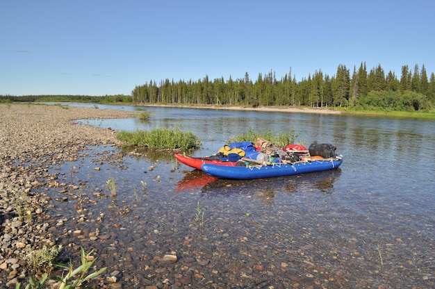 Catamaran for rafting on the taiga river