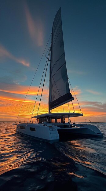 Photo a catamaran sailing in the ocean at sunset