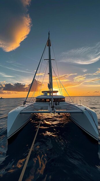 Photo a catamaran sailing in the ocean at sunset