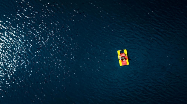 Catamaran with people on the water top view