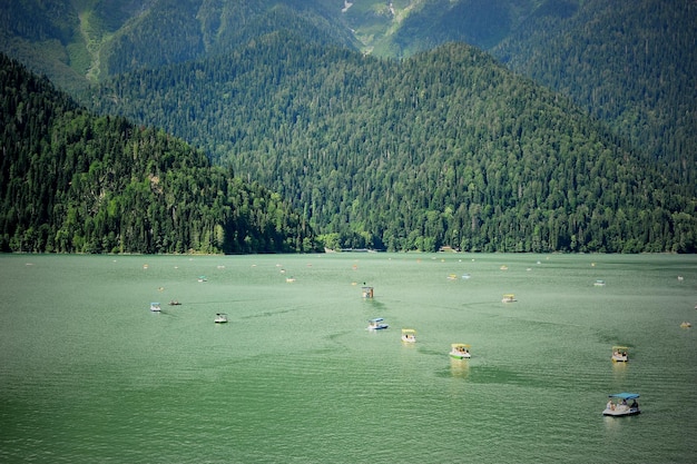 Catamarans on Lake Ritsa in Abkhazia Walks on the water Ecologically clean place in the mountains