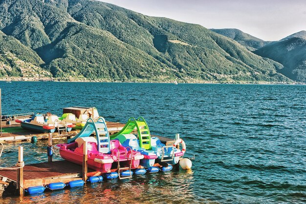 Catamarans at the promenade of the luxurious resort in Ascona on Lake Maggiore in Ticino canton, Switzerland.