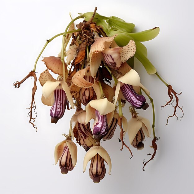 Photo catasetum orchid unusual and explosive flowers bulbous pseud plant and log on white background