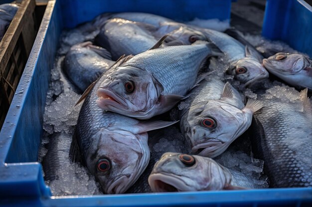 Photo catch of the day abundant fresh sea bass arrives for the fish auction in grado italy