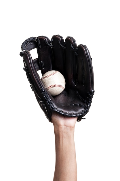 Catching baseball with leather baseball glove over white background