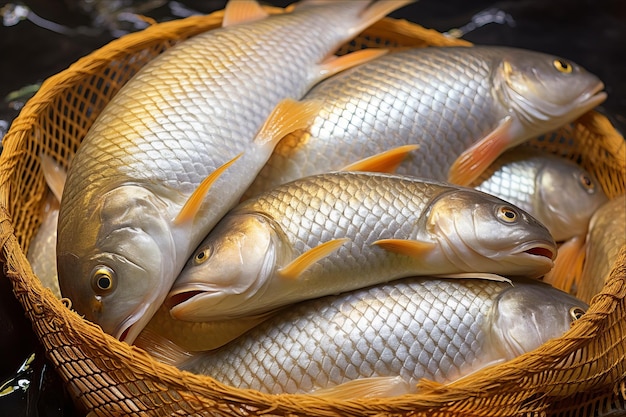 Photo catching fresh thai carp silver barb fish and julliens golden carp a fishermans bounty