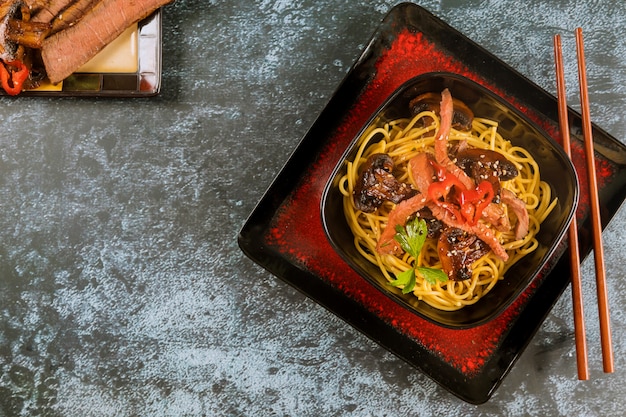 Catelli noodles with vegetables and beef . Asian food.