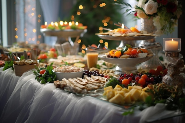 Catering banquet table with baked food snacks sandwiches cakes cups and plates self Generative AI