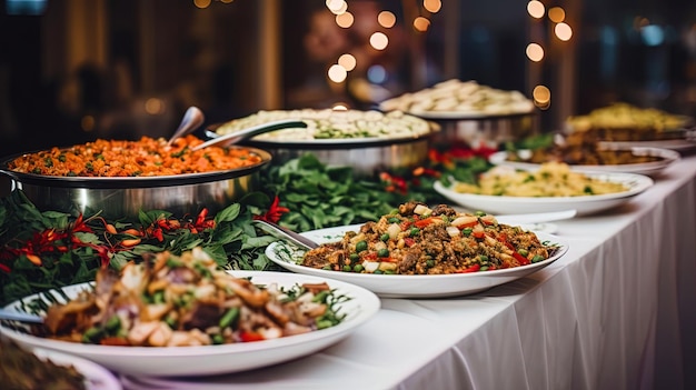 Catering banquet with various dishes indoors