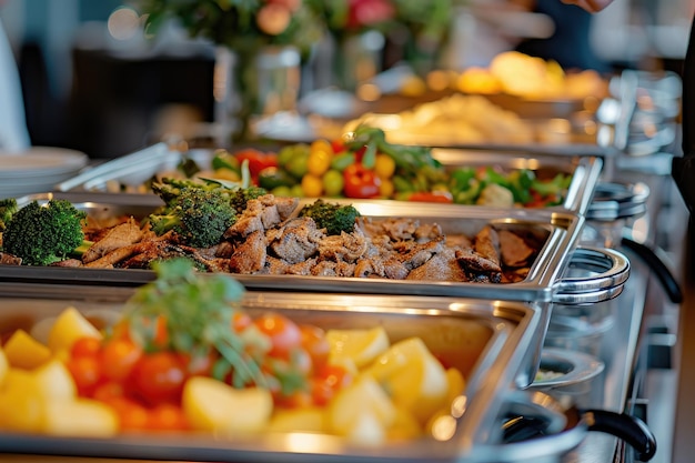 Catering buffet binnen in een luxe restaurant met vlees en groenten.