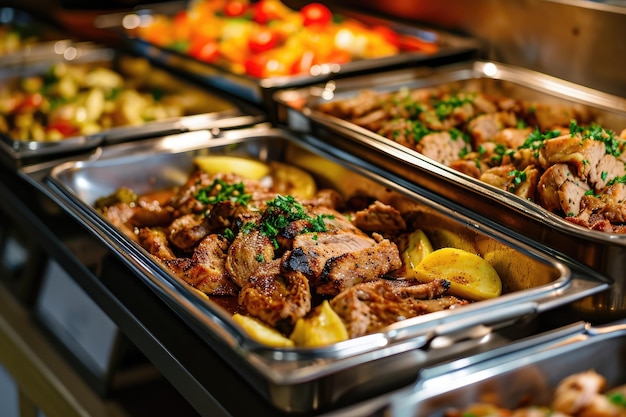 Catering buffet eten binnenshuis in restaurant met gegrilde vlees